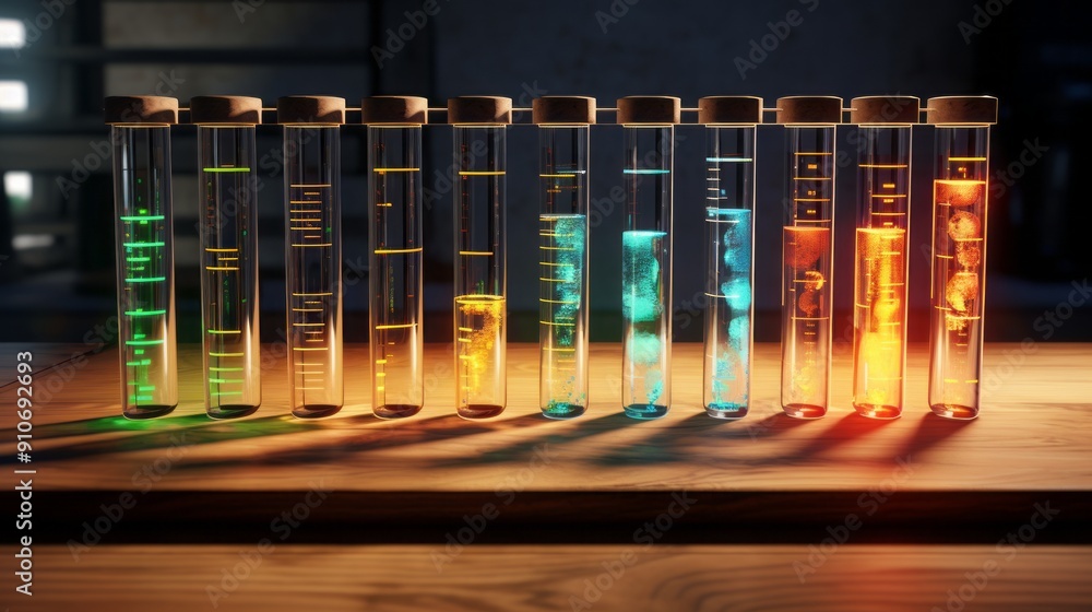 Poster close-up view of science laboratory test tubes filled with colorful solutions on a clean white surfa