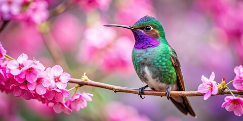Fototapeta premium Beautiful hummingbird with purple-green plumage perched on a branch of cherry blossoms, Hummingbird, Purple-green