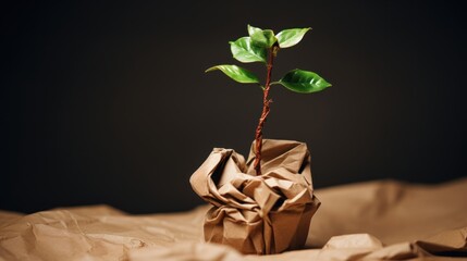 A Single Sprout Breaking Through Crumpled Paper