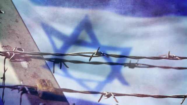 Flag of Israel behind a barbed wire