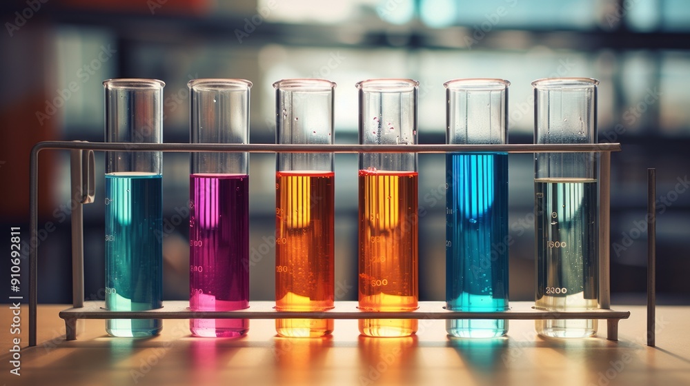 Poster laboratory scientist conducting experiments with test tubes and advanced equipment in modern science