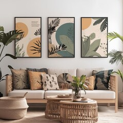 Stylish living room featuring framed art, cozy cushions, and natural decor, creating a serene and inviting atmosphere.