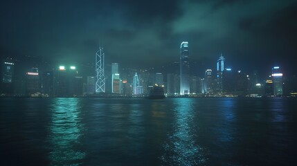 Naklejka premium Beautiful light trials effect on Hong Kong skyscape at night : Generative AI
