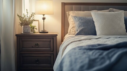 Comfortable bed and chest of drawers in interior of cozy bedroom : Generative AI