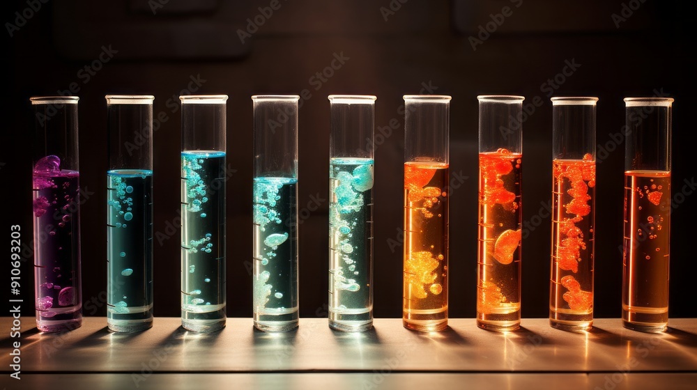 Poster close-up view of science laboratory test tubes filled with colorful solutions on a clean white surfa