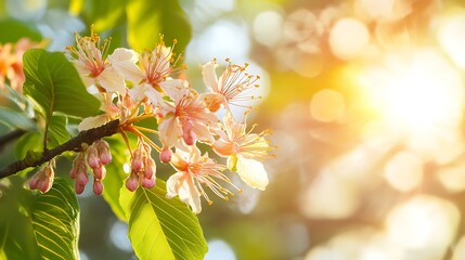 Branch of  Horse chestnut blossom leaf Aesculus hippocastanum cologne in spring tree  tiny tender flowers Beautiful twig beautiful landscape background sunset soft worm orange light Br : Generative AI