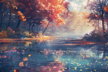 A Serene Autumn Landscape with Vibrant Foliage Reflecting on a Tranquil Lake