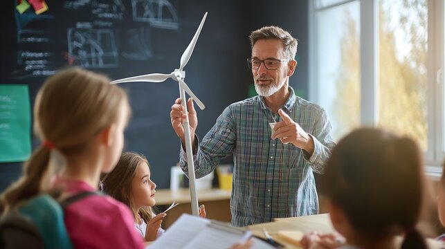 Medium long shot of mature teacher of Environmental Education demonstrating wind turbine model to his students during class : Generative AI