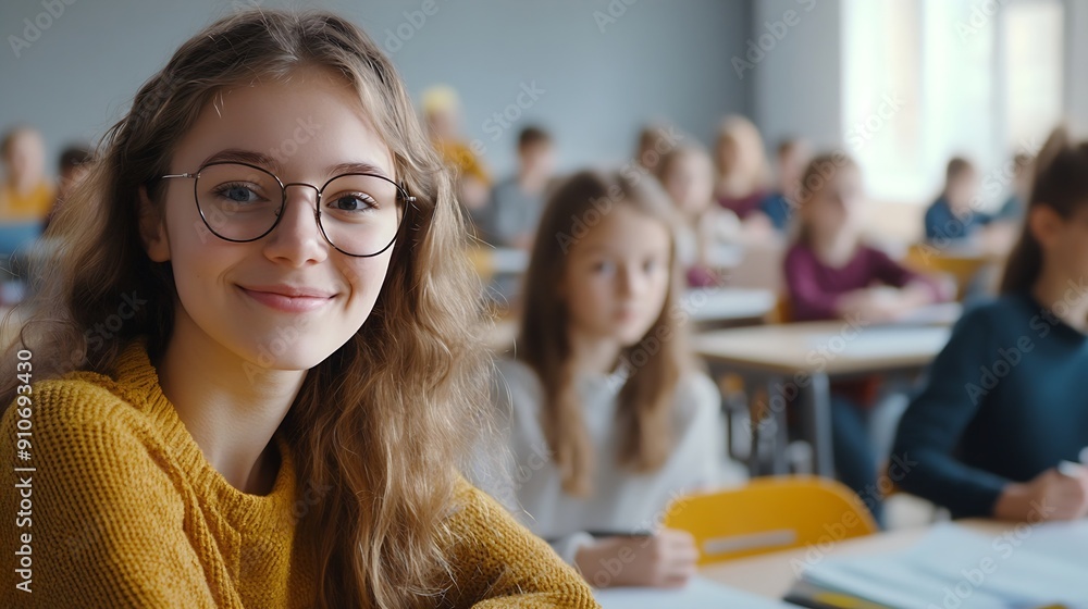 Poster portrait of female smiling teacher looking at camera at the lesson in junior high school schoolchild