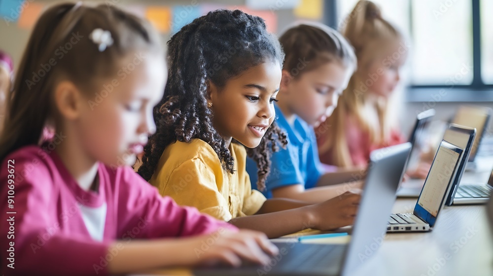 Aufkleber Group of TechSavvy Primary School Children Working on Their Laptop and Tablet Computers in Class Young Female Teacher Educating Kids on Internet Safety Basic Programming Languages and  : Generative AI