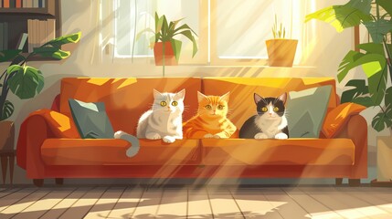 domestic cats lounging in a sunlit living room, cartoon animation style