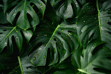 Fresh Wet Monstera Leaves with Water Droplets Creating a Lush Green Tropical Background