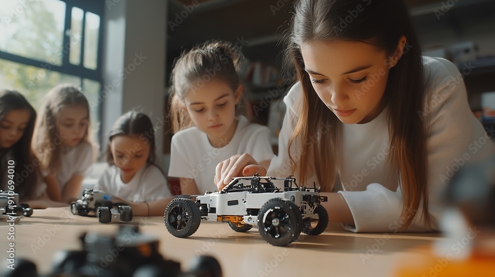 Poster female teacher helping to girls working on small robot building robotic car in afterschool robotics 