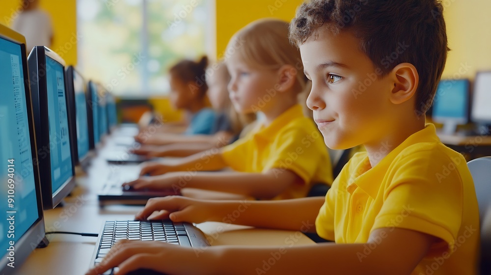Poster elementary school children learning basic computer knowledge teacher educating smart diverse kids in