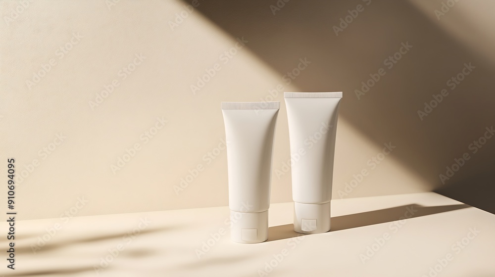 Poster two white skincare tubes are cast in soft shadows on a beige surfacecreating an elegant and minimali