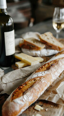 French baguette on the table with cheese, dried ham and a bottle of wine. AI generative.