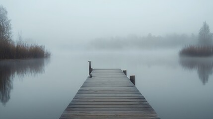 Fototapeta premium Jetty at the lake in the fog Misty landscape in the morning Idyllic nature by the water Rest and relaxation : Generative AI