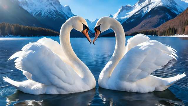 Swans lovers forming a heart shape in winter lake and snow mountain scenery. Romantic valentine background.
