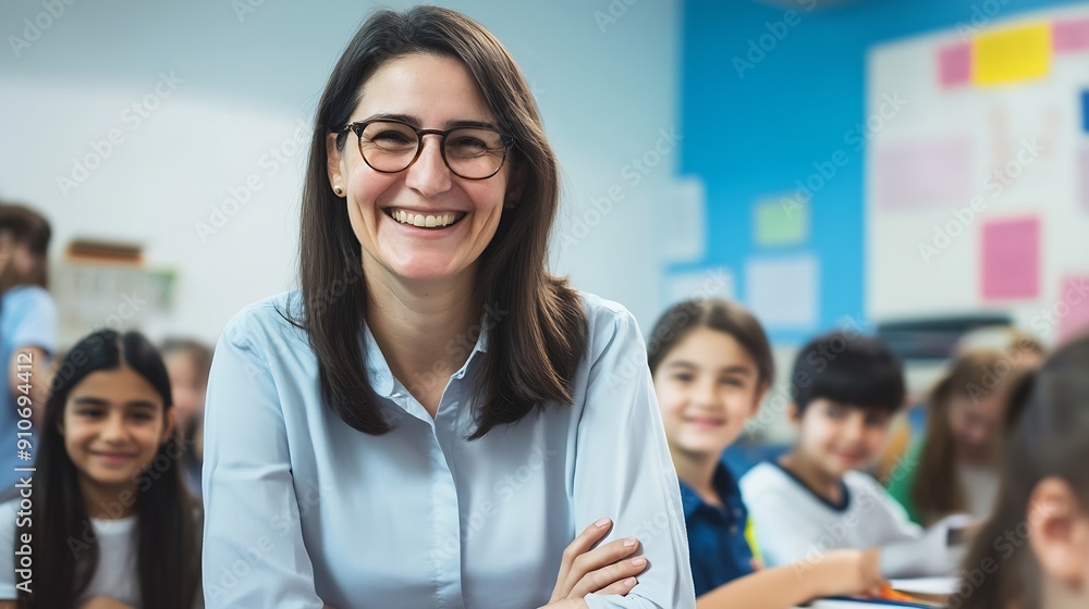 Poster portrait teacher and students in classroom for lesson learning and studying in high school woman smi