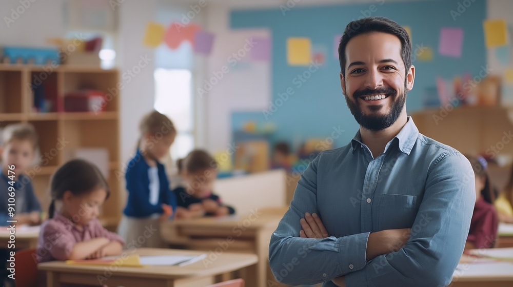 Poster happy elementary school teacher standing in a classroom with children working at their desks in the 