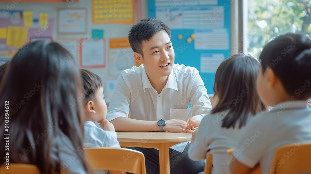 Poster asian teacher talking and explaining about knowledge with students they sharing information and disc