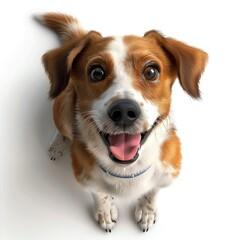 3D illustration of a cute dog with a wagging tail, isolate on white background, top view, soft lighting, detailed fur and happy expression