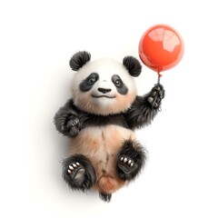 Obraz premium 3D illustration of a cute panda holding a balloon, isolate on white background, top view, soft lighting, fluffy fur and colorful balloon