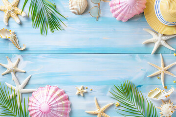 Beach Accessories on White Wood Background with Starfish, Hat, Sunglasses, and Towel  Copyspace