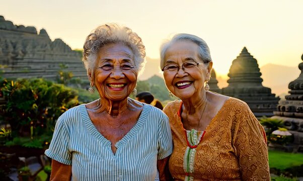 Lifestyle portrait video of a grinning woman in her 80s that is smiling with friends at the Borobudur Temple in Magelang Indonesia