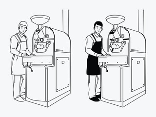 Man With Coffee Roaster Machine Vector Illustration Outline Hand Drawn Black and White