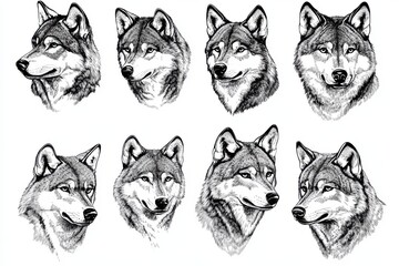 Obraz premium Black and white Vintage engraved art of set of different angles of wolf portrait isolated on white background, ink sketch illustration, simple vector art design, set of animal wolf portrait