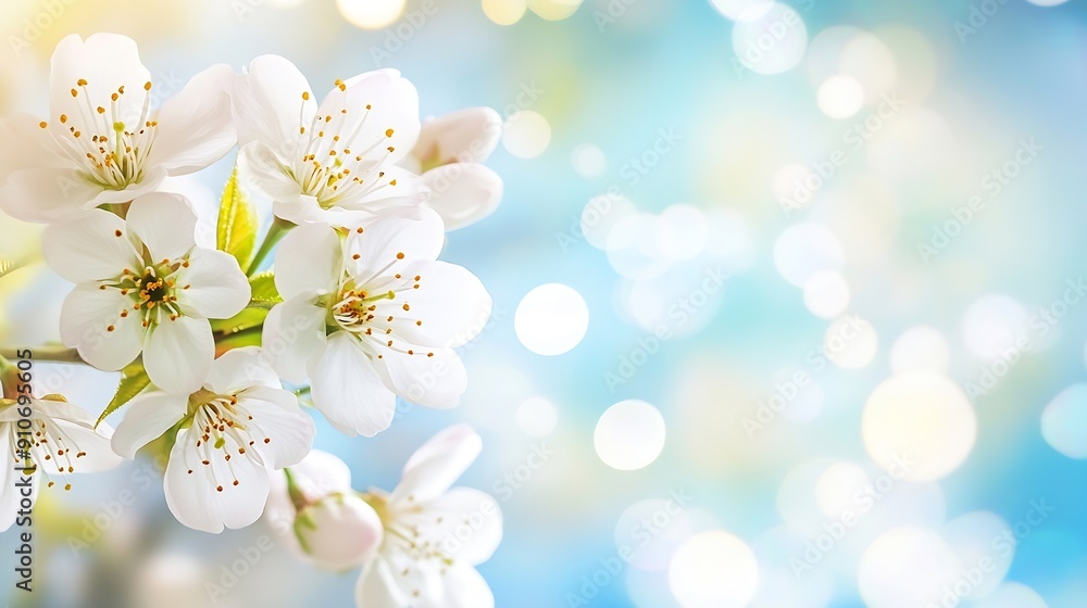 Poster white cherry tree blossoms in spring garden background blue sky and bokeh free space for your design