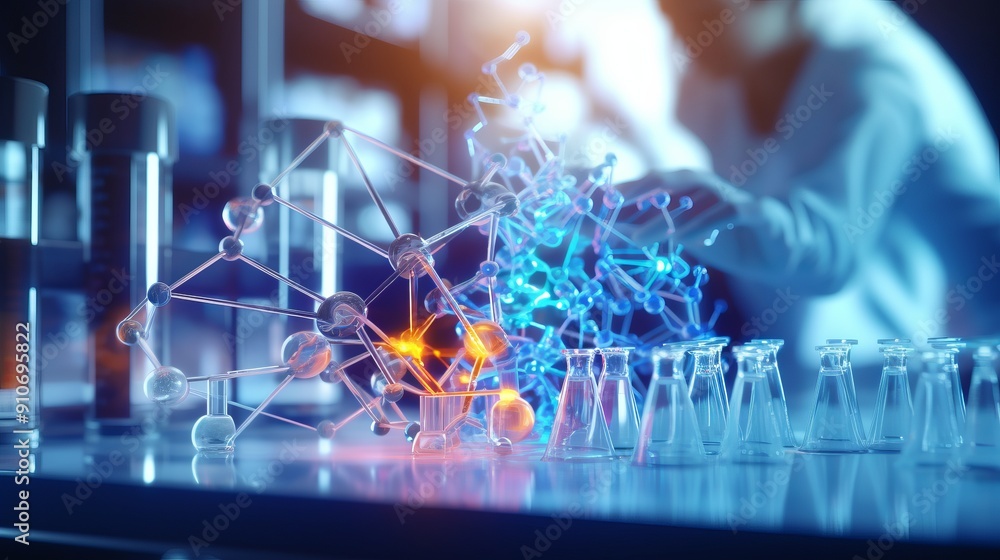 Aufkleber scientists conducting experiments with molecular model and dna in a laboratory, featuring medical sc
