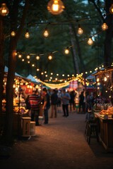 A night market with people walking around and looking at the stalls. AI.