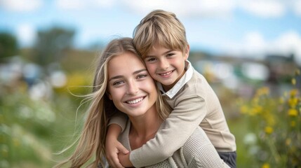 Fototapeta premium A happy young woman is carrying a small boy on her back. AI.