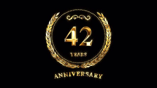 42nd Anniversary Celebration. Happy 42 Years Anniversary Animation in Gold Color on the Transparent Background, Alpha Channel. Great for greetings, celebrations, events, and gifts.