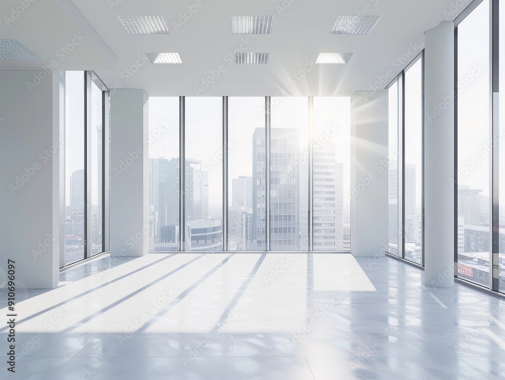 Poster sunlit empty office space with city view