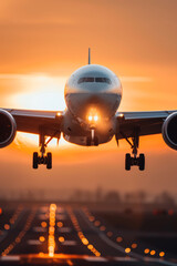 Aeroplane flying above the clouds and the setting sun in the background. AI generative.