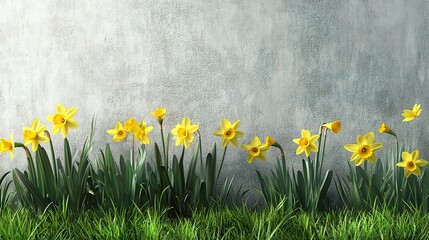 Fototapeta premium Daffodils in Bloom: A vibrant row of yellow daffodils in full bloom against a textured concrete wall, symbolizing new beginnings and spring's arrival. The scene evokes a sense of tranquility and grow
