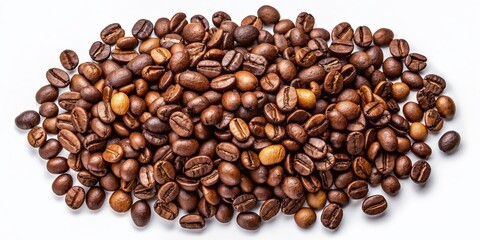 Fototapeta premium Close-up top view of scattered coffee beans in various shades of brown, isolated on a clean white background with subtle shadows and texture.