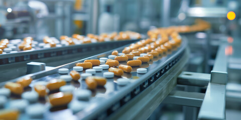 Obraz premium Pharmaceutical Production Line Automated Conveyor Belt with Pills in Modern Factory