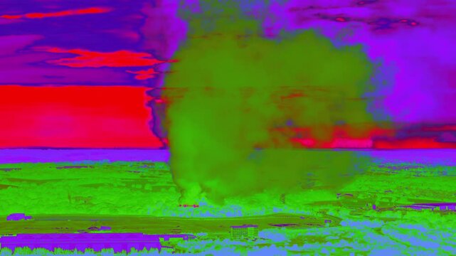 Infrared Thermal Detection Of Smoke Rising From Building Burnt By Fire In Cheshunt, Hertfordshire, UK. Aerial Orbiting Shot