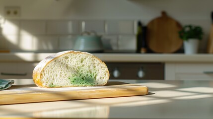 A slice of bread showing visible mold, placed in a bright, modern kitchen. Concept of food spoilage and hygiene.