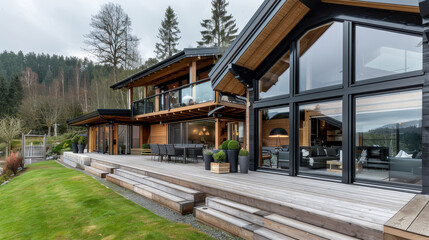 scandinavian beautiful wooden  house. AI generative.