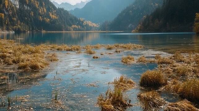 Jiuzhaigou Sichuan China  October 12 2023 A World Natural Heritage site featuring Mirror Lake which is covered with aquatic plants : Generative AI