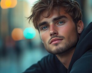 A close-up shot of a young man with a pensive look, against a background of urban scenery that is slightly blurred.