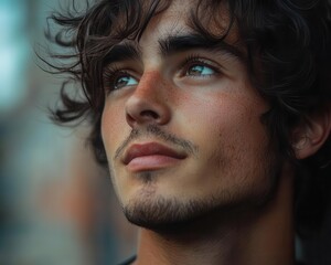Obraz premium A close-up shot of a pensive young man, with an urban background beautifully blurred in the distance.