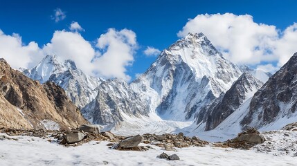 K2 Base Camp Baltoro Landscape Snowy Mountain Peaks Large High Altitude Mountains With Blue Sky Background : Generative AI