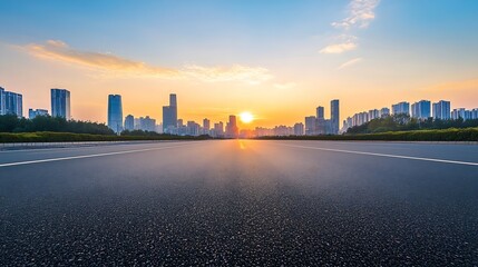 Fototapeta premium Asphalt road and city skyline with modern buildings at sunset in Ningbo Zhejiang Province China : Generative AI