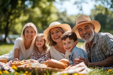 The three-generation family enjoyed a picnic in the park, laughing together on a sunny day with grandparents, parents, and children. - Powered by Adobe